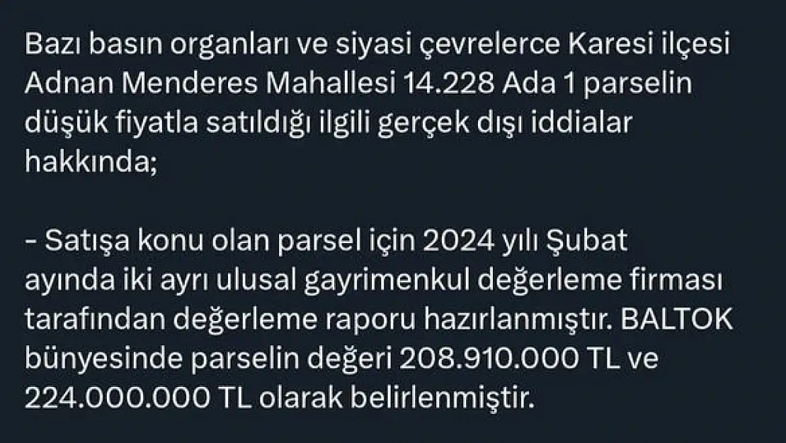 Büyükşehir BALTOK bünyesindeki parselle ilgili açıklama yaptı