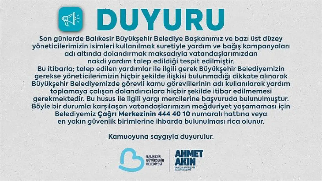 Büyükşehir'in Adını Kullanarak Yardım Talep Edenlere Dikkat!